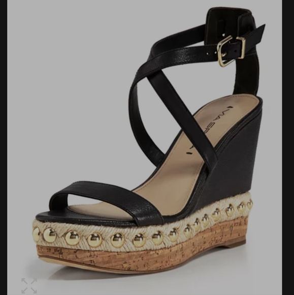 Via Spiga Shoes - Via Spiga Cork Bottom Black and Gold Wedge Sandals 9